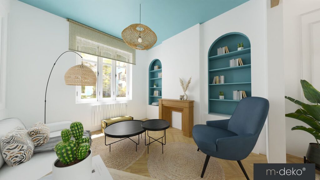 Salon lumineux aux étagères bleues et niche arrondie, fauteuil bleu, coin lecture près des fenêtres
