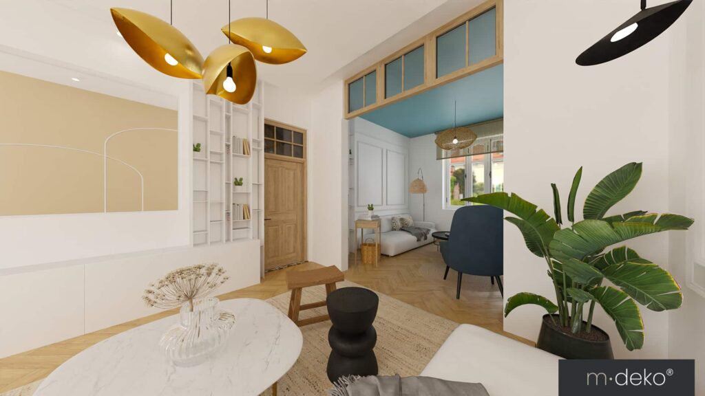 Décoration intérieure moderne : salon lumineux avec bibliothèque et plantes, visualisation 3D