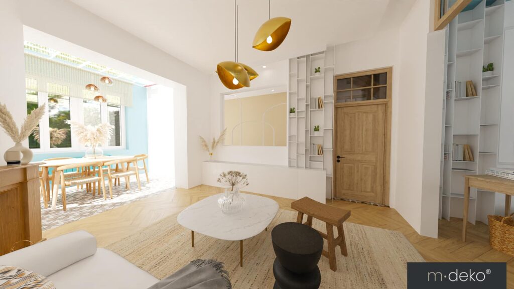 Salle à manger lumineuse avec mobilier bois clair, murs blancs, étagères sur mesure et cuisine ouverte, style moderne