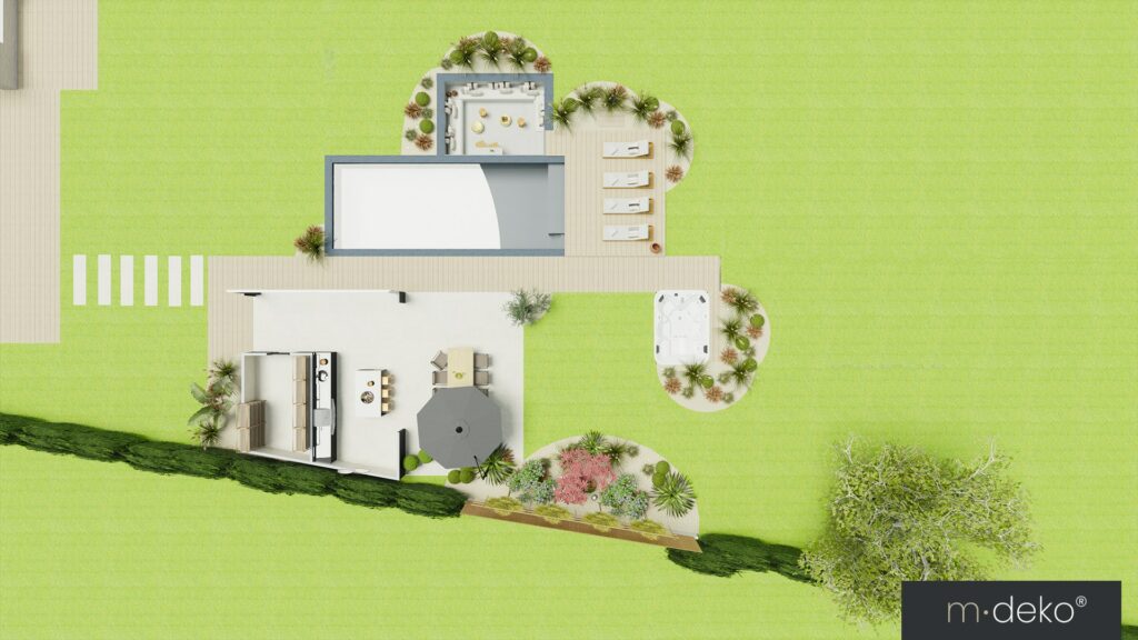Plan d'implantation 3D présentant la piscine, le pool house, la terrasse et les aménagements extérieurs