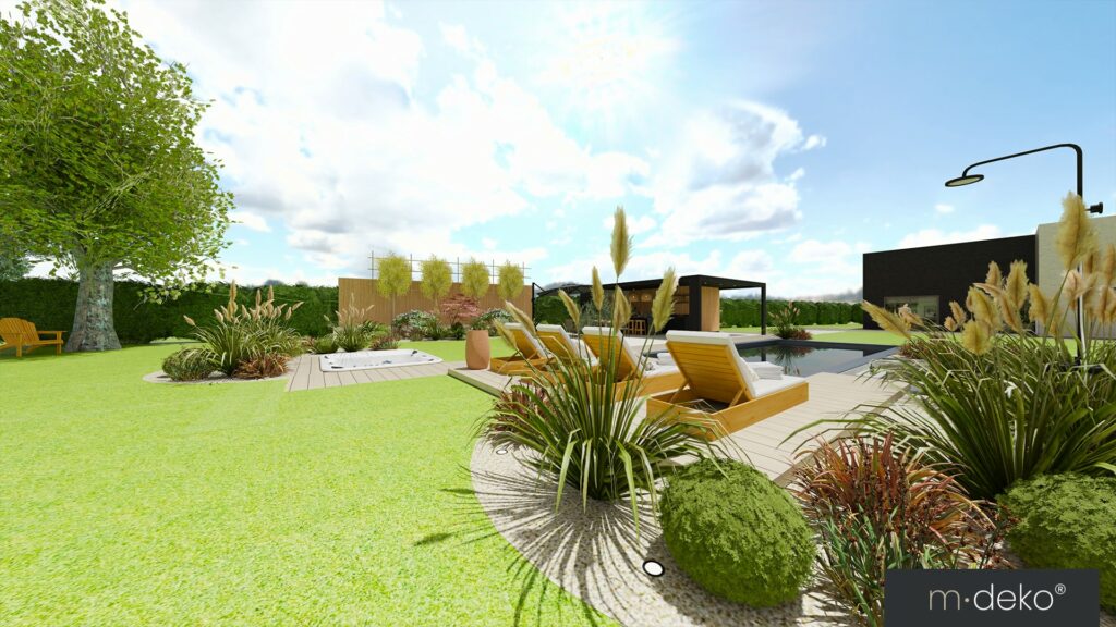 Terrasse paysagée avec espaces de détente et vue sur la piscine familiale