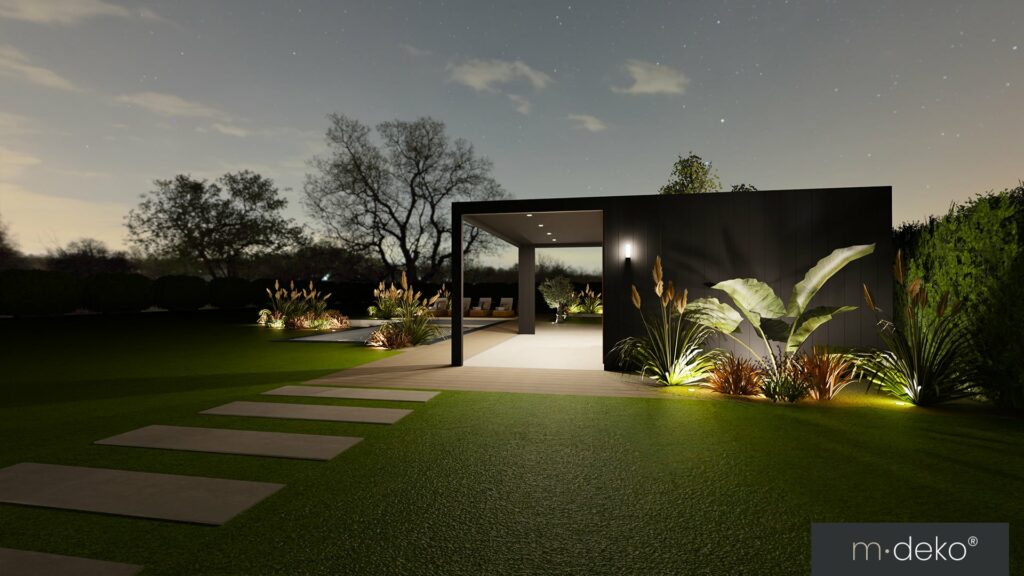 Pool house contemporain intégré au jardin avec mise en lumière des végétaux