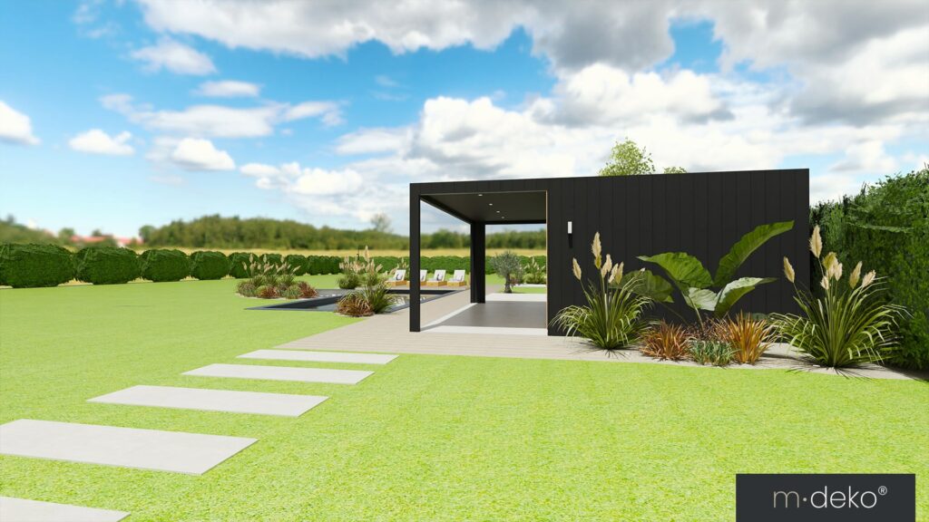 Vue du pool house contemporain ouvert sur la piscine et le jardin paysager