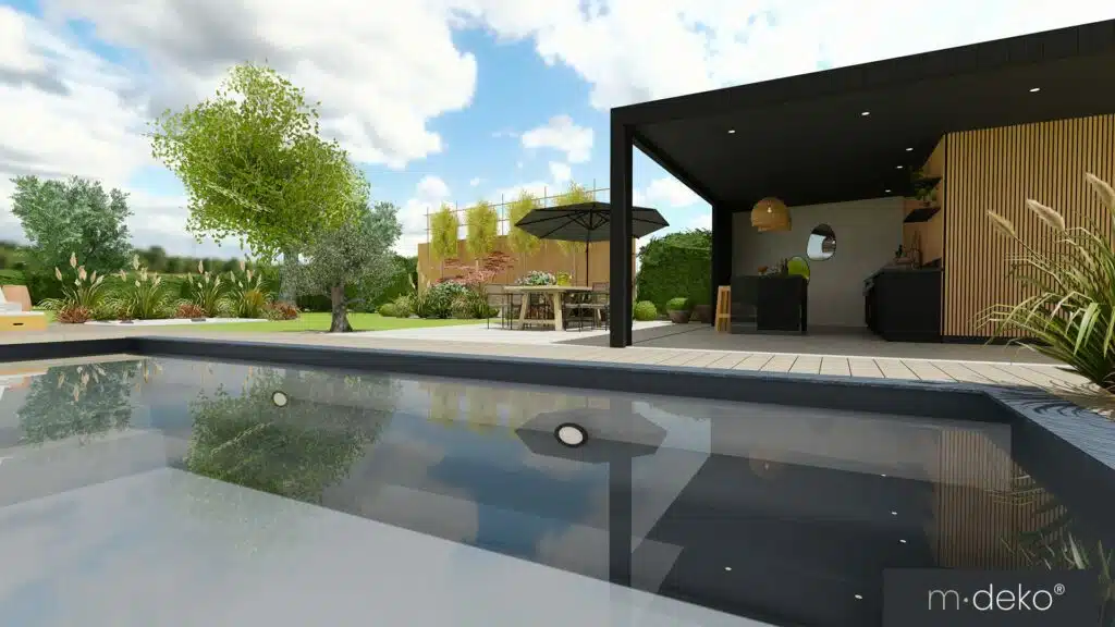 Vue d'ensemble de la piscine, du pool house et de la terrasse dans un jardin paysager à Cassel