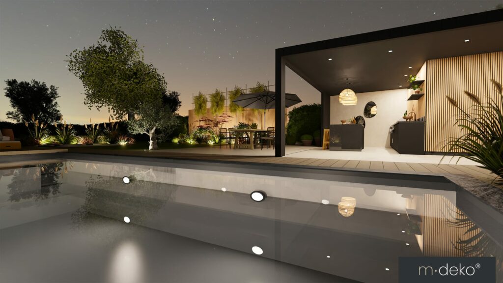 Piscine extérieure avec terrasse, éclairage paysager et logo