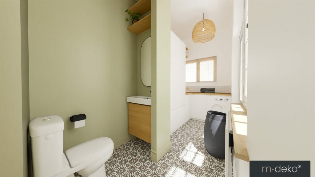 Aménagement de salle d’eau contemporaine : WC, meuble bois, carrelage géométrique et coin buanderie, style déco minimaliste