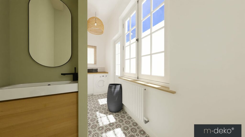 Salle de bain moderne avec vasque, grand miroir arrondi et fenêtre, sol à motifs