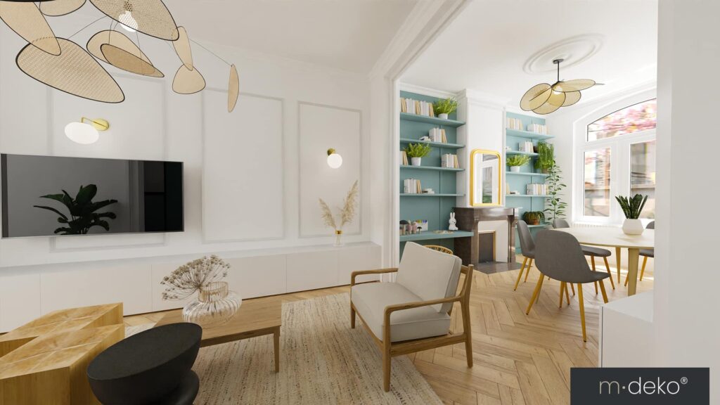 Salon lumineux avec cheminée et bibliothèque intégrée, décoration moderne, plafonnier doré et mobilier sur mesure