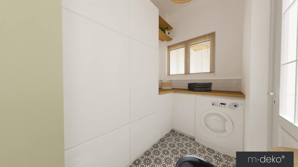 Buanderie moderne avec meuble mural blanc, fenêtre à volets et machine à laver, agencement intérieur épuré