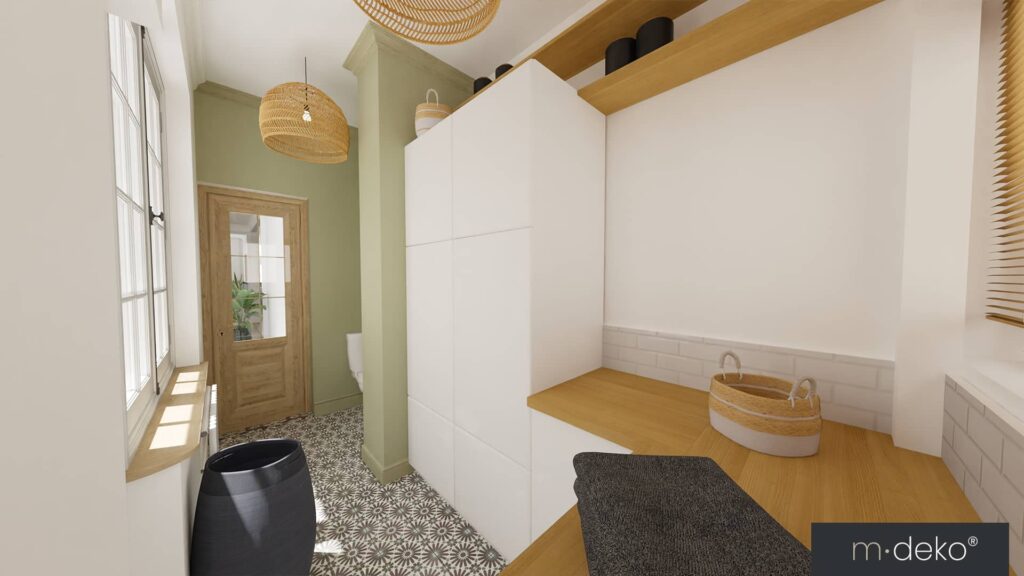 Entrée lumineuse avec placard blanc sur mesure, banquette bois et sol à motifs, décoration intérieure