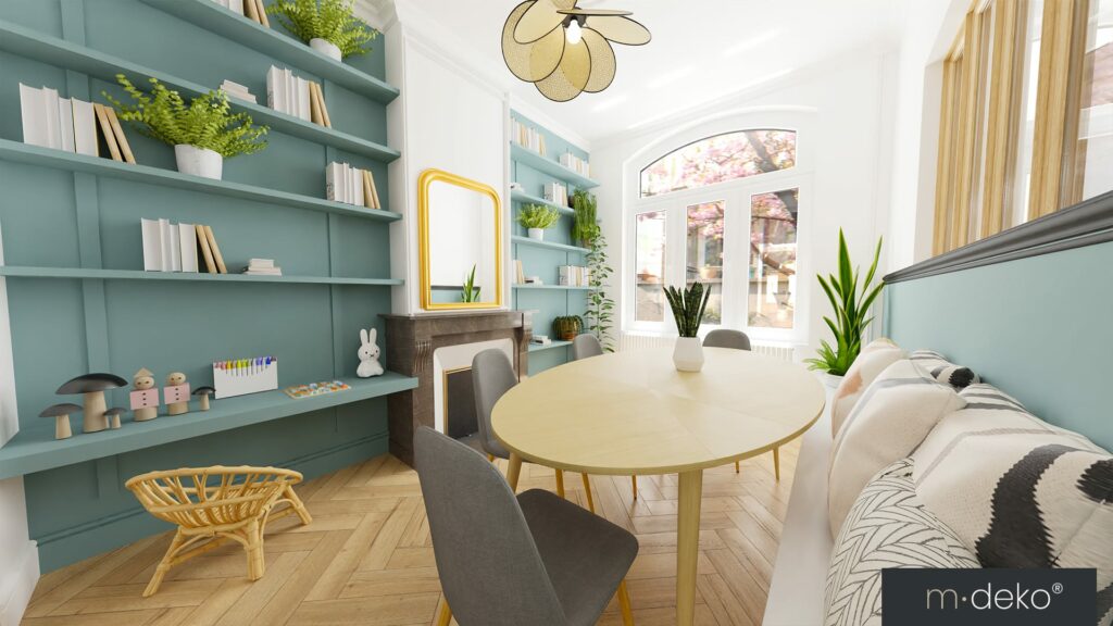 Coin salle à manger lumineux avec étagères vert d’eau, mobilier design et décoration