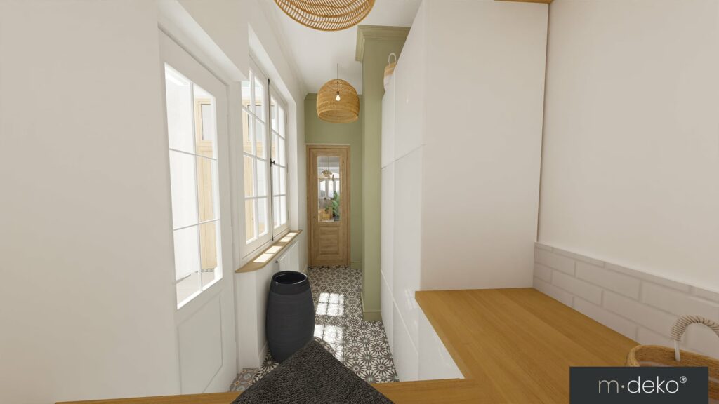 Couloir lumineux avec fenêtres, parquet et décoration intérieure au style chaleureux et moderne.