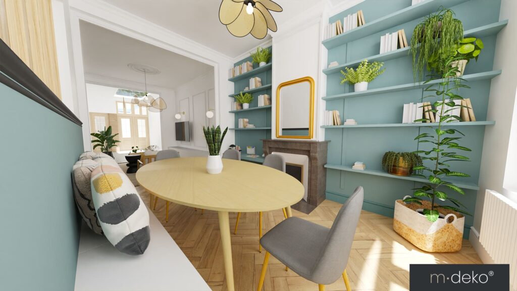 Salle à manger lumineuse avec bibliothèque bleue, plantes d’intérieur et table ronde design, décoration contemporaine