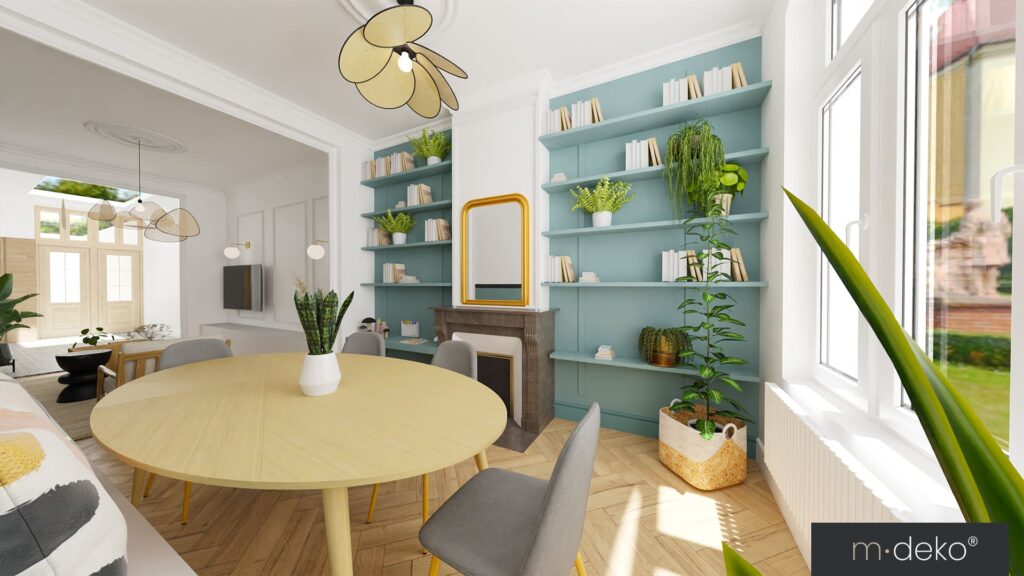 Salle à manger lumineuse avec bibliothèque turquoise et plantes, intérieur design