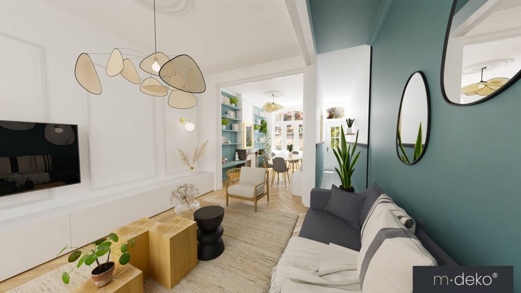 Salon moderne avec décoration blanche et touches vertes, miroir ovale