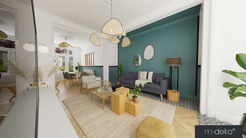 Salon contemporain avec mur vert, canapé gris, touches bois et visualisation 3D d’aménagement intérieur