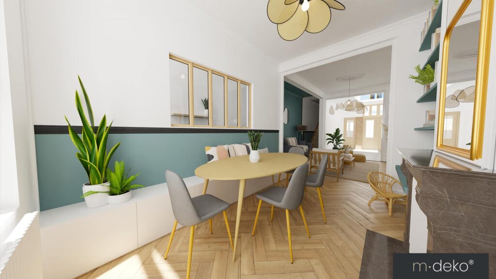 Coin repas lumineux avec table jaune, chaises grises, étagères vert d’eau et décoration végétale, visualisation 3D