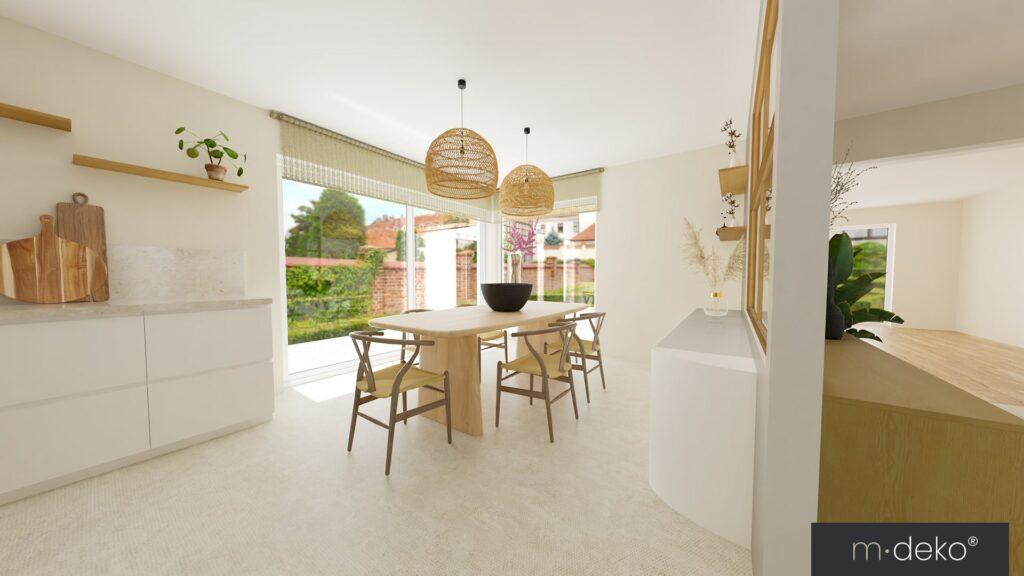 Salle à manger lumineuse avec table en bois, rideaux en macramé et vue terrasse, projet