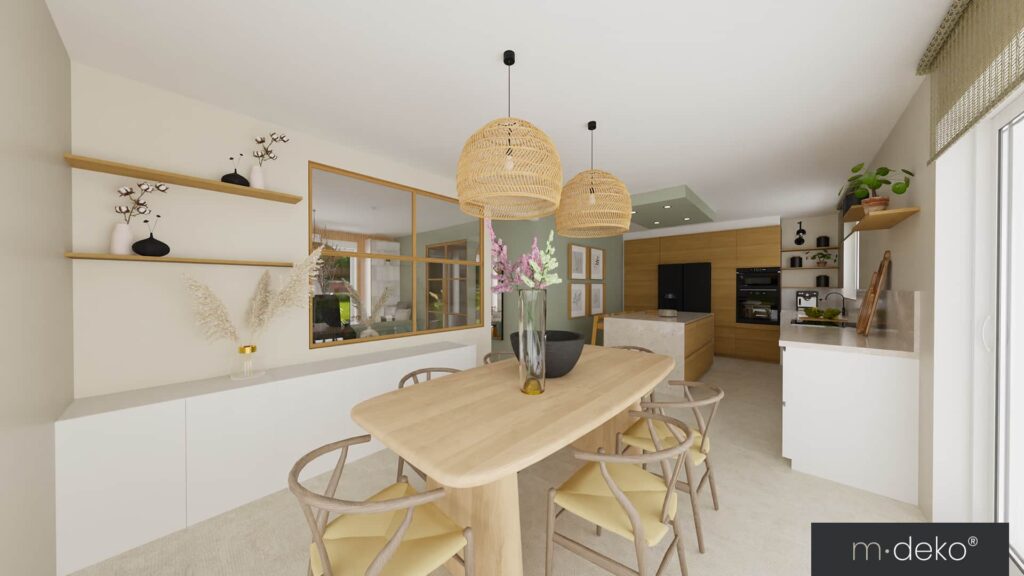 Salle à manger ouverte sur cuisine moderne, table en bois et suspensions en rotin dans un aménagement intérieur lumineux