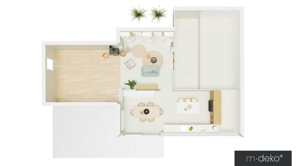 Plan 3D d’aménagement intérieur clair : cuisine, salon et chambre