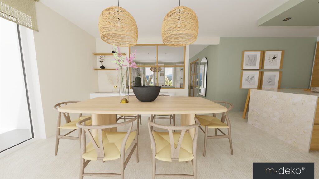 Salle à manger design avec table en bois, fauteuils et suspensions en rotin