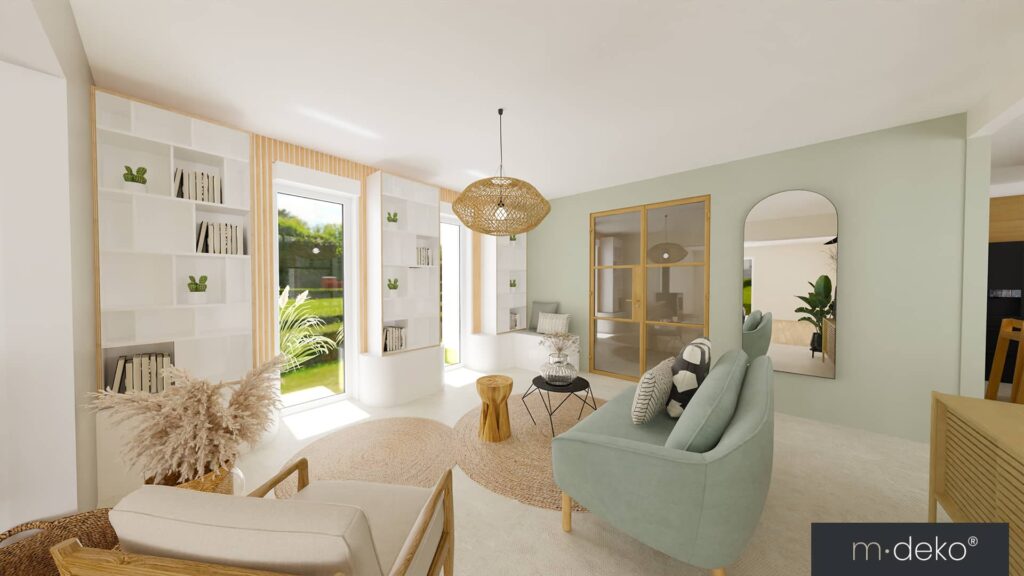 Salon lumineux contemporain avec bibliothèque intégrée, fauteuils verts, miroir et vues sur le jardin, décoration intérieure