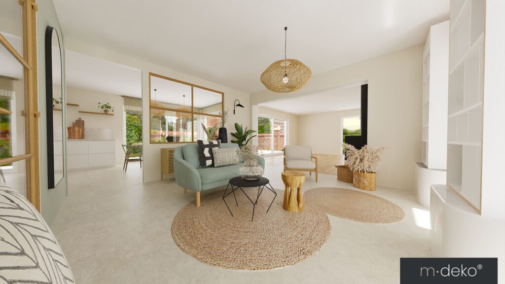 Salon lumineux au style moderne, architecture d’intérieur épurée, décoration blanche et touches naturelles