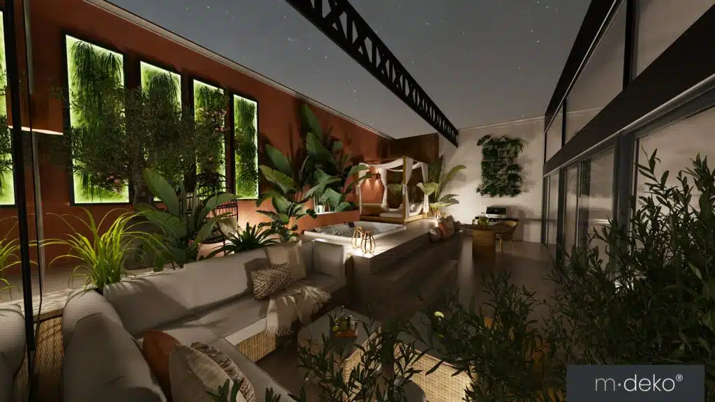 Vue d'ensemble d'une terrasse avec jacuzzi aménagée dans un loft à Tourcoing