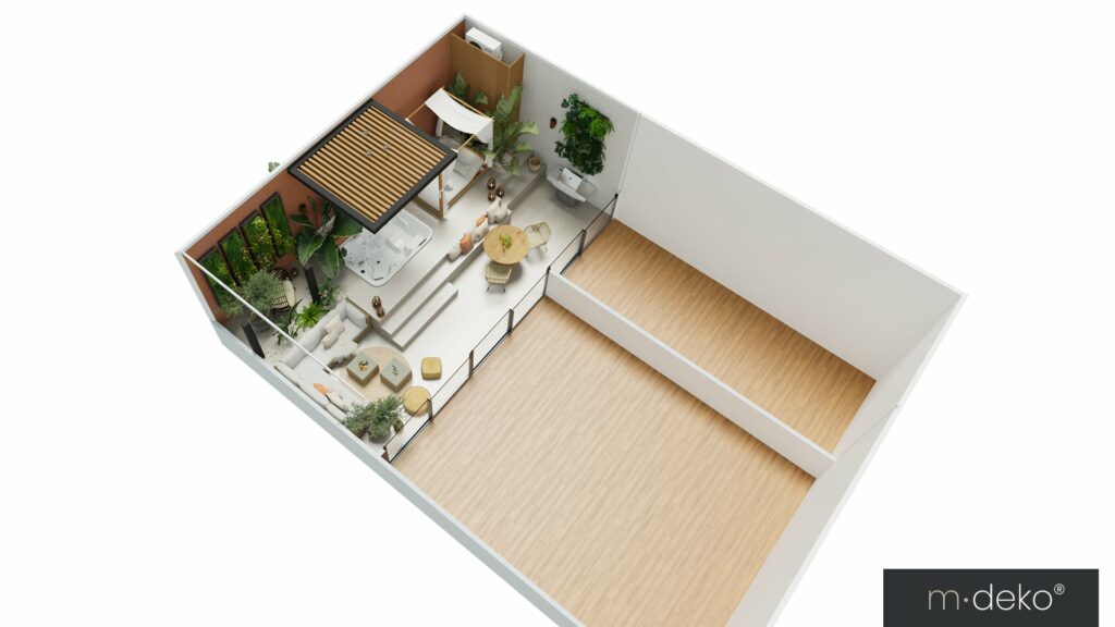 Plan d'implantation 3D de la terrasse avec jacuzzi, espace détente et végétalisation