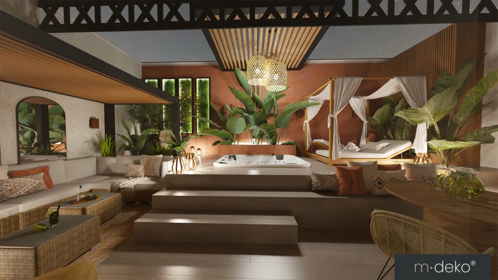 Jacuzzi intégré à une terrasse contemporaine inspirée des îles avec espace détente