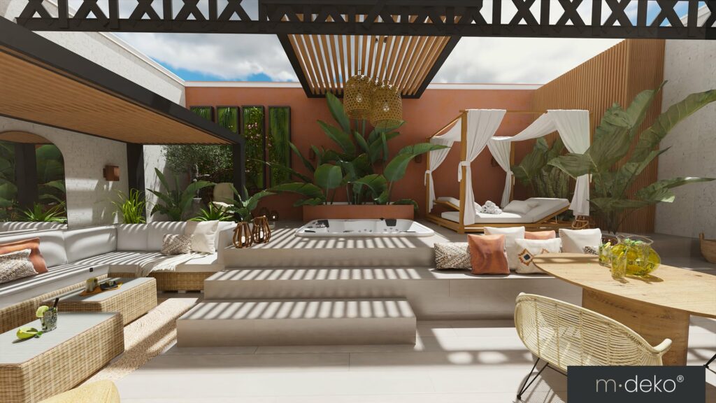 Terrasse contemporaine avec jacuzzi, végétation tropicale et espace de relaxation