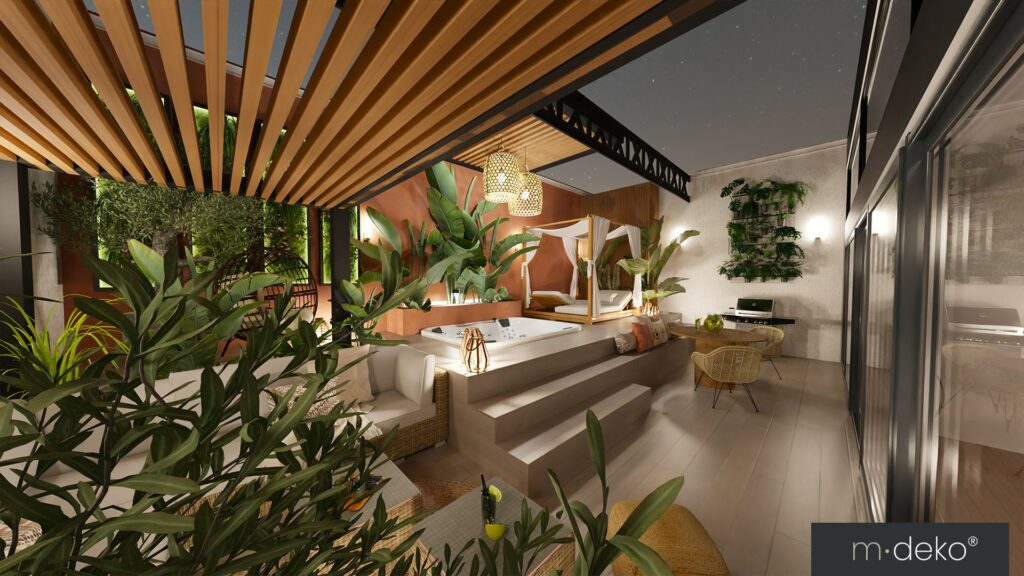 Perspective de la terrasse sous la pergola avec jacuzzi et ambiance végétale