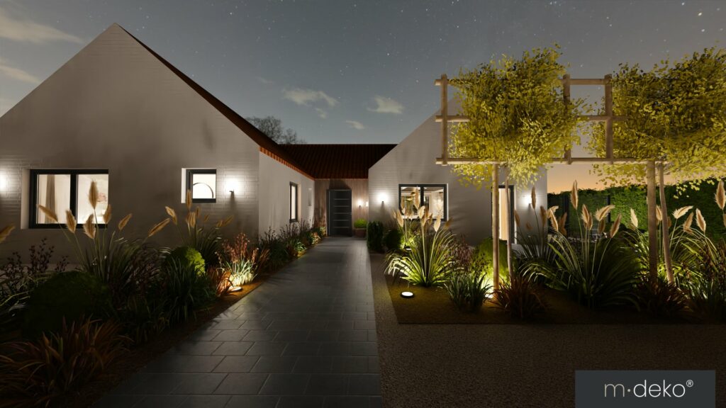 Allée de jardin moderne éclairée, terrasse et aménagement paysager, rendu 3D