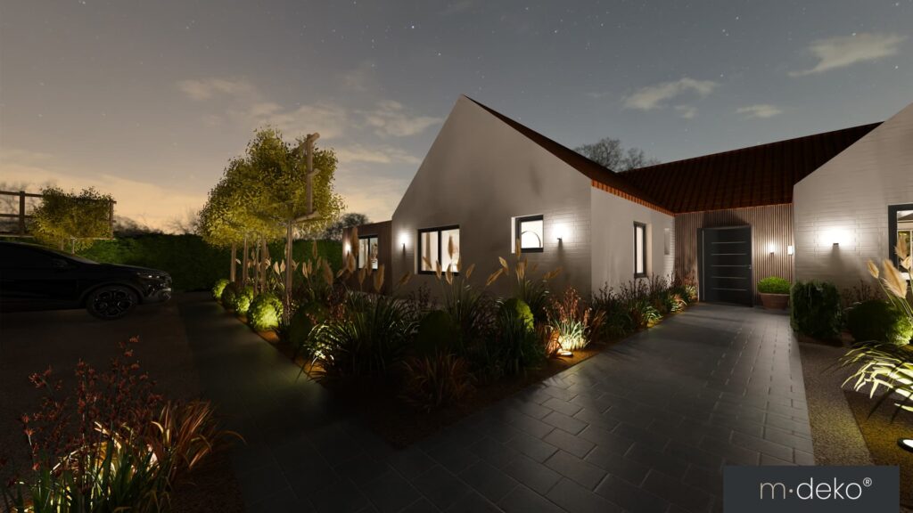 Allée et façade de maison contemporaine avec éclairage extérieur, aménagement paysager