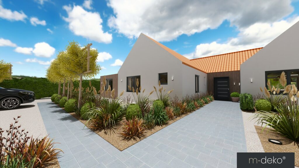 Allée et terrasse en dalles autour d’une maison moderne, aménagement extérieur paysager