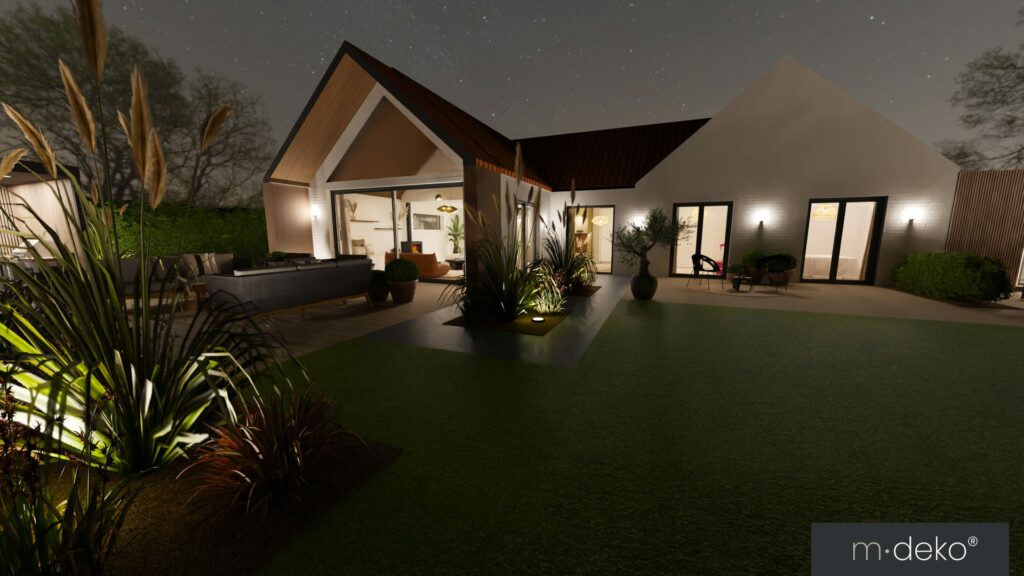 Terrasse de jardin moderne la nuit, villa contemporaine et éclairages paysagers,