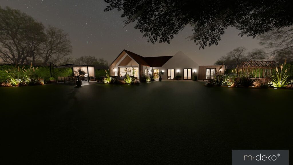 Éclairage paysager nocturne autour d’une maison moderne, allée dallée et plantes de jardin