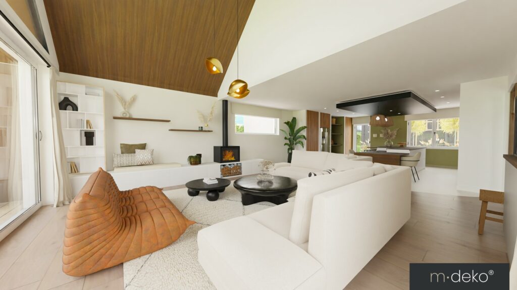 Salon moderne lumineux avec plafond en bois, cheminée, mobilier blanc et coin détente, décoration intérieure élégante