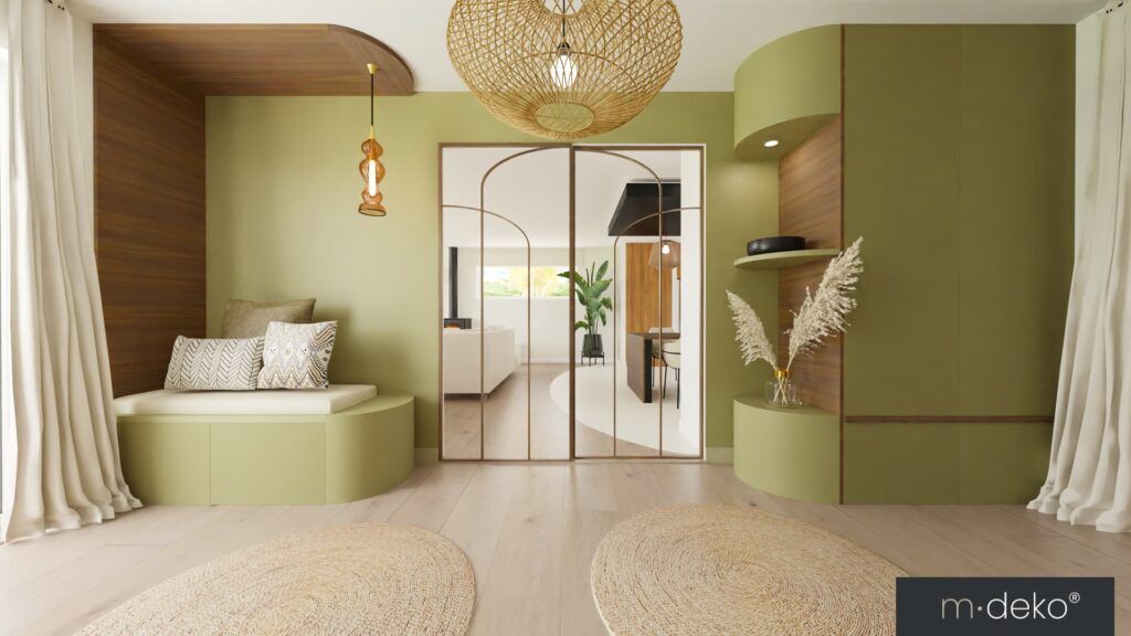 Aménagement intérieur moderne : banquette et cloison vitrée, murs verts, luminaires design et rideaux crème