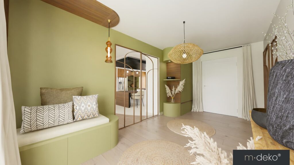 Salon lumineux aux tons vert et bois, décoration moderne, verrière et suspensions design
