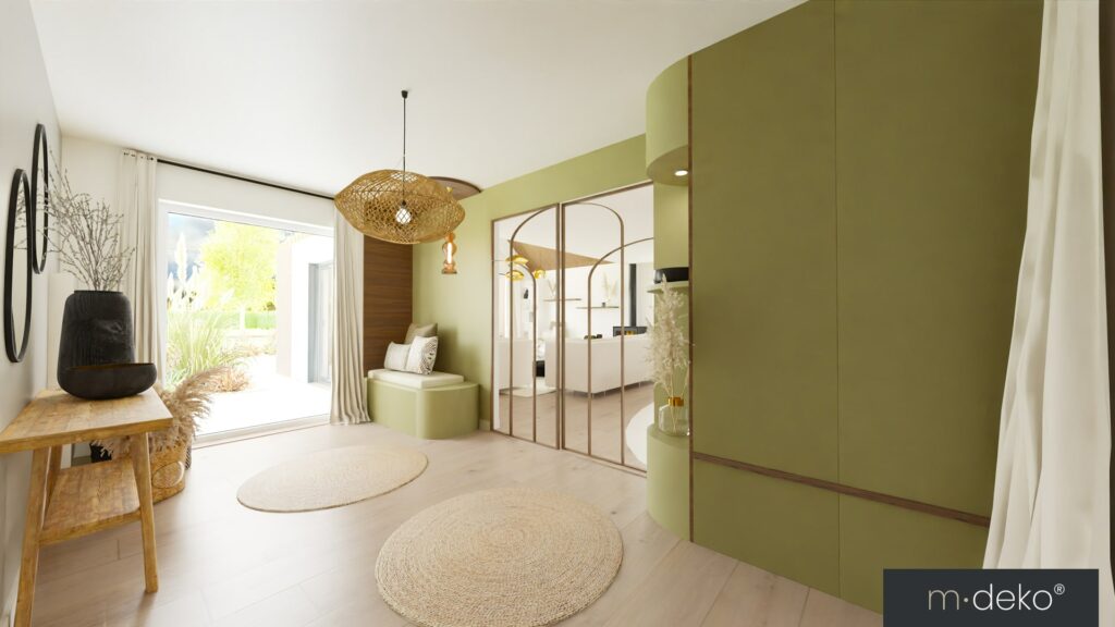 Salon lumineux avec décoration vert olive, verrière intérieure et mobilier chaleureux, ambiance contemporaine