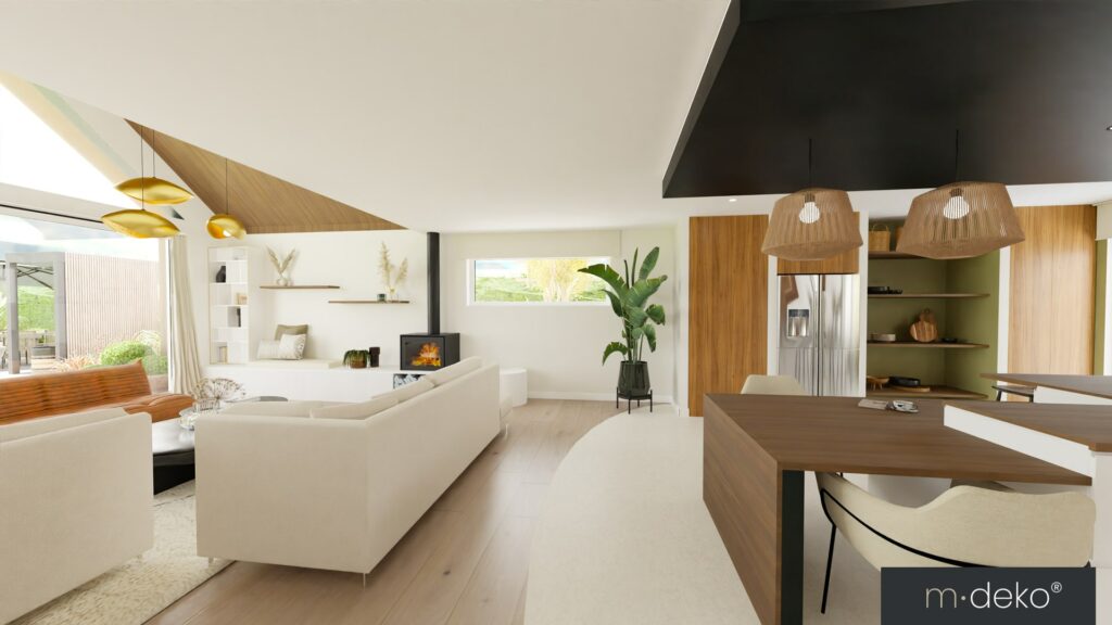 Séjour lumineux avec cuisine intégrée en bois, salon minimaliste et cheminée, espace de vie moderne