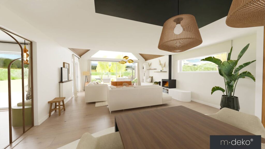Salon contemporain lumineux avec cuisine ouverte, cheminée, mobilier blanc et grandes baies vitrées, décoration intérieure