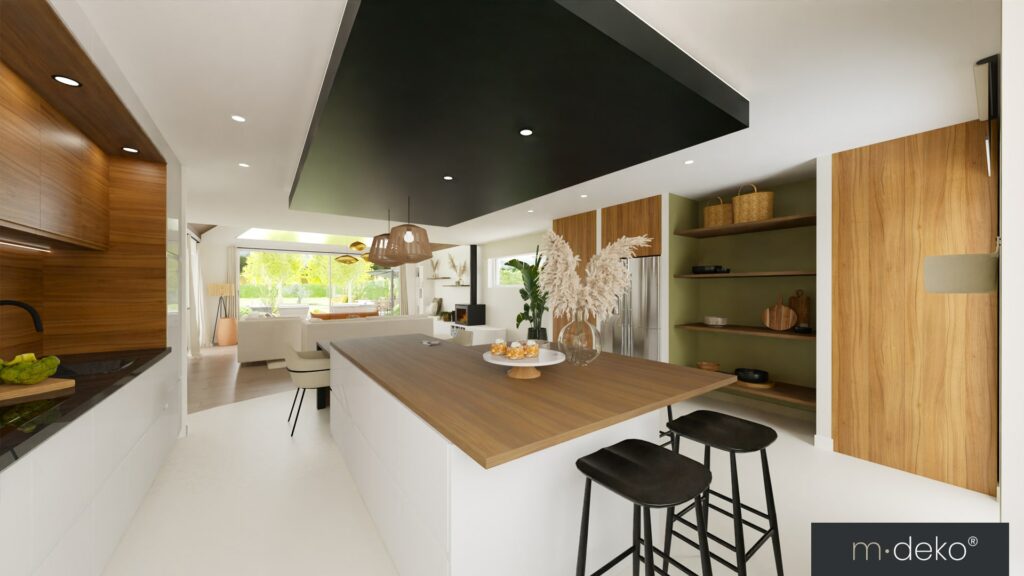 Cuisine moderne avec îlot bois et blanc, rangements muraux et tabourets, projet