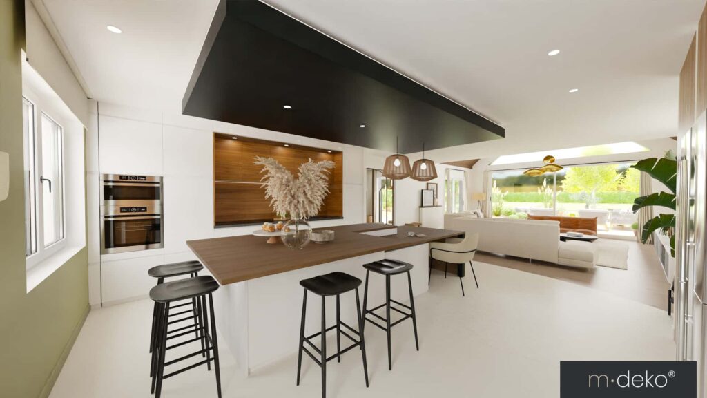 Cuisine moderne blanche avec îlot central, tabourets et coin salon ouvert