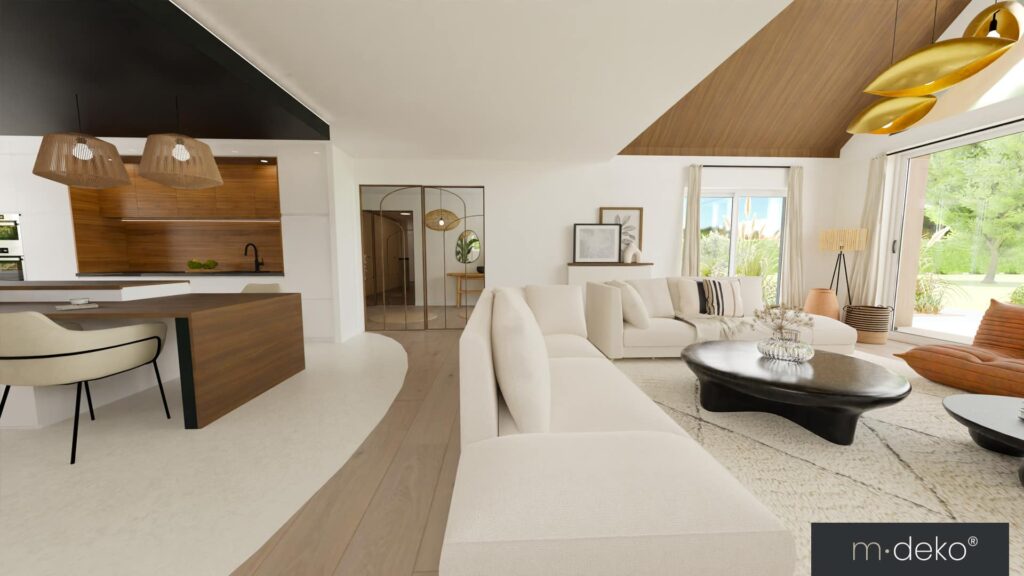 Salon lumineux avec cuisine intégrée en bois et blanc, canapé d’angle et décoration moderne,
