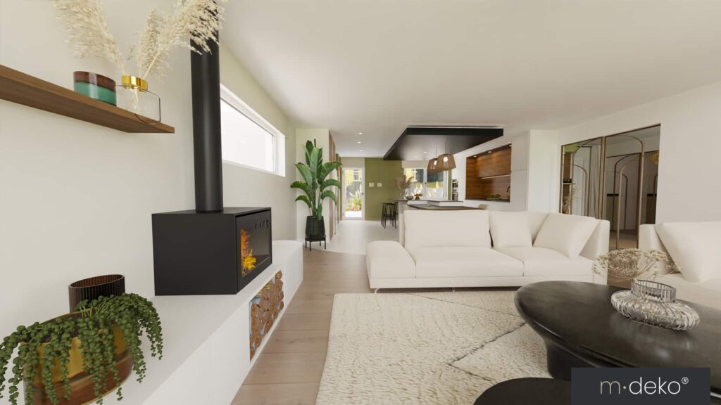 Salon contemporain lumineux avec poêle à bois, banquette blanche et aménagement intérieur design