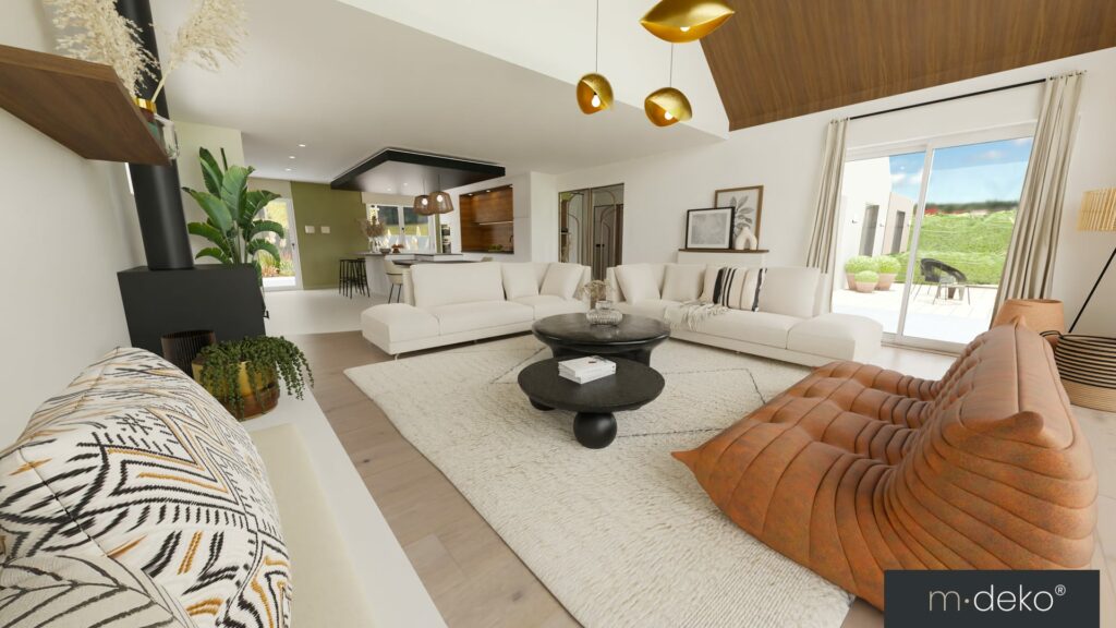 Salon moderne lumineux avec canapés blancs, accents bois, grande baie vitrée et logo visible