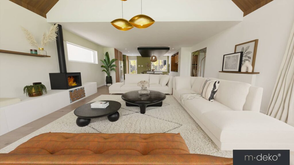 Salon lumineux avec cheminée et canapé blanc, décoration d’intérieur