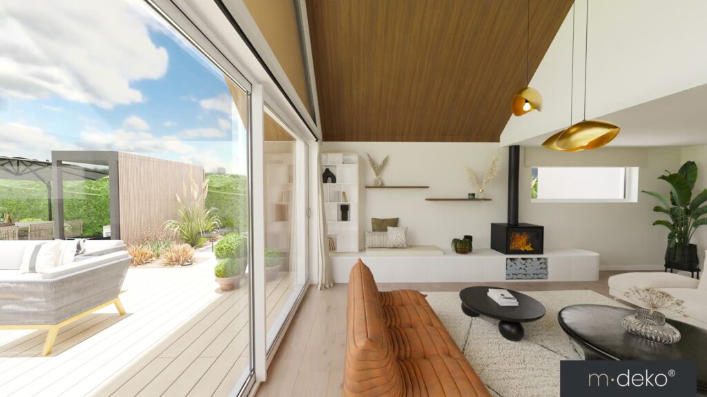 Salon contemporain avec cheminée encastrée, grandes baies vitrées et accès à la terrasse, déco bois et blanc